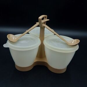 Vintage Tupperware 3 Cup Condiment Caddy Sheer Almond 758 733 Lids 2 Spoons